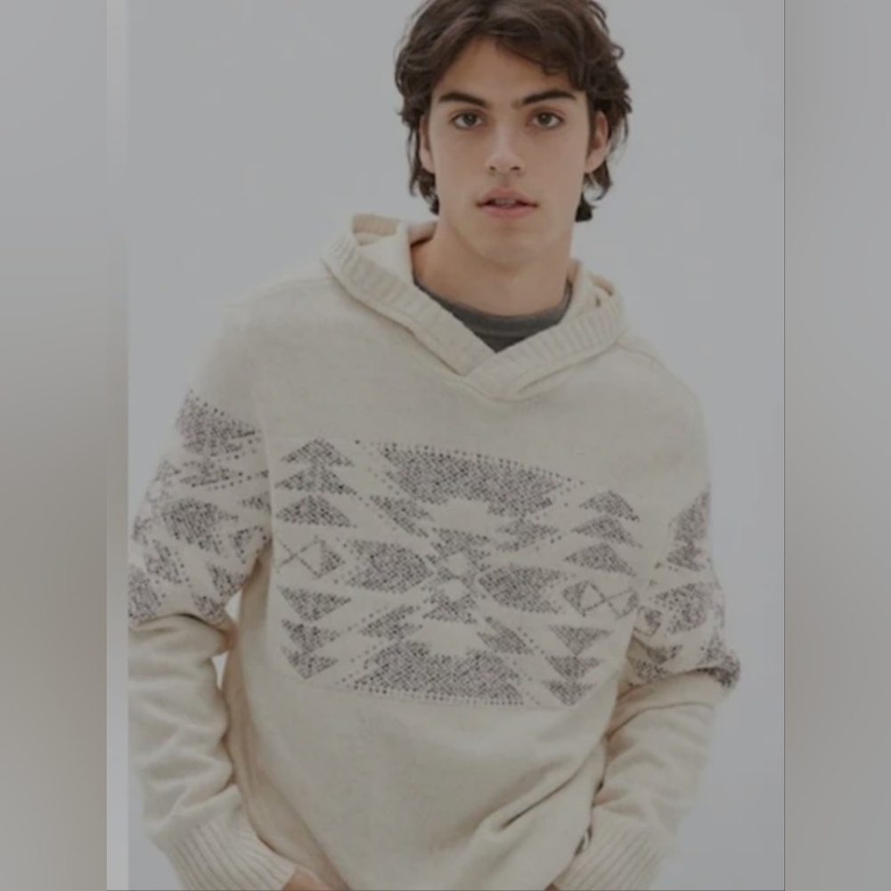American Eagle Aztec Sweater Hoodie Cream And Brown Size M